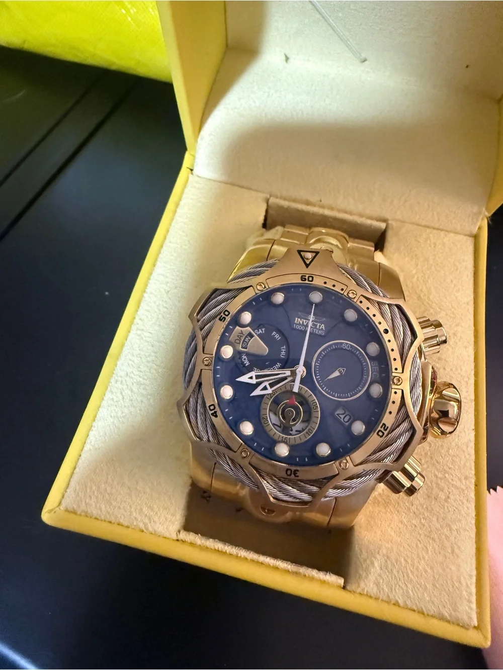 Invicta Reserve Gold Tone Watch with Blue Dial and Cable Accent